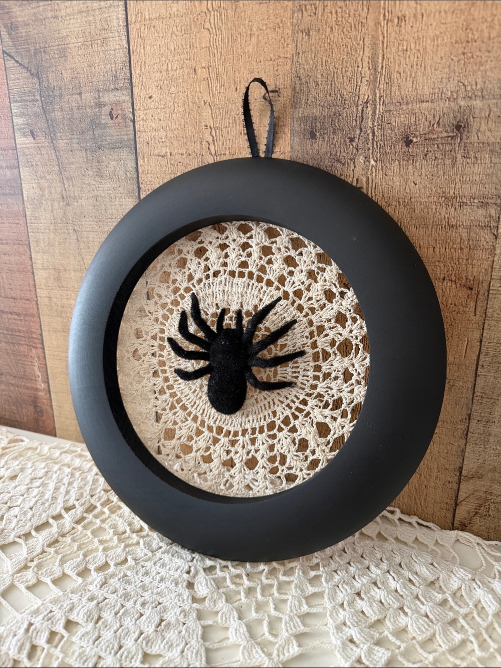 Handcrafted Upcycled Halloween Spider In Web Wall Decor - Picture 3 of 6